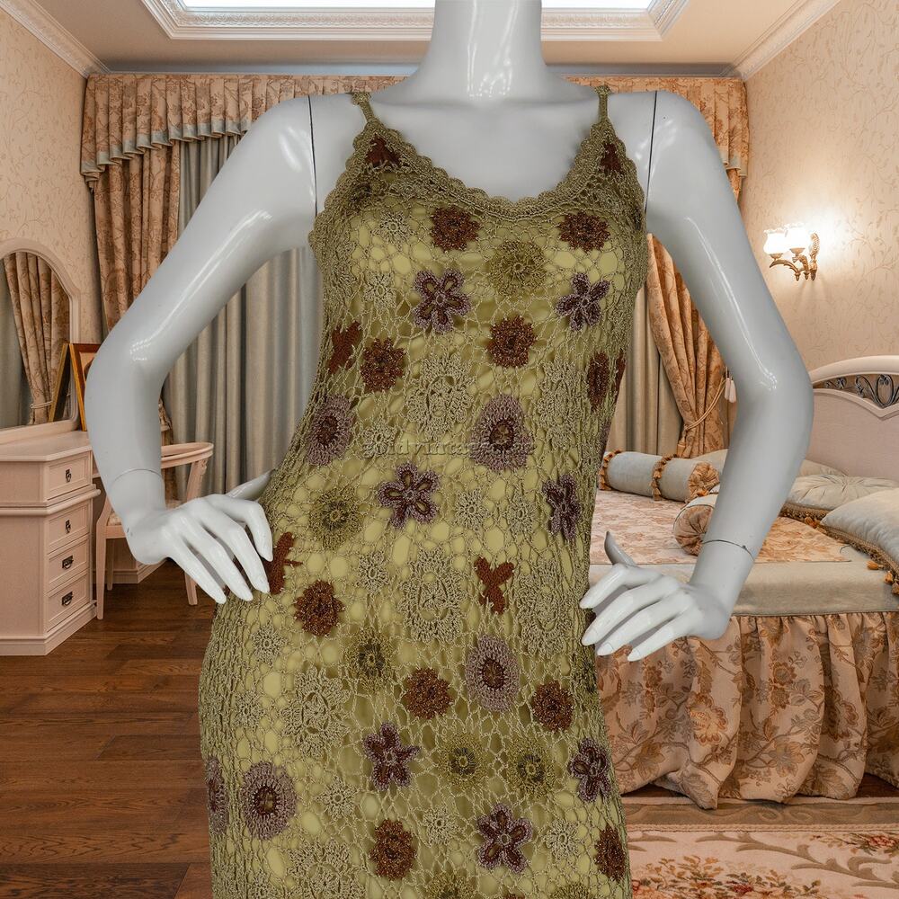 Vintage Sue Wong Granny Crochet Knit Spaghetti Dress S